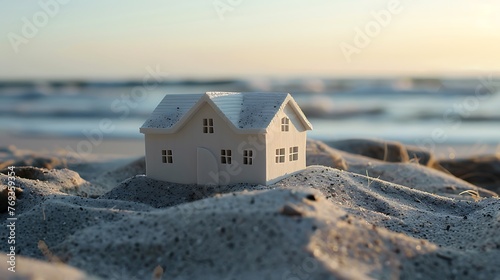 Small scale model of a house remaining on the sand on the seacoast