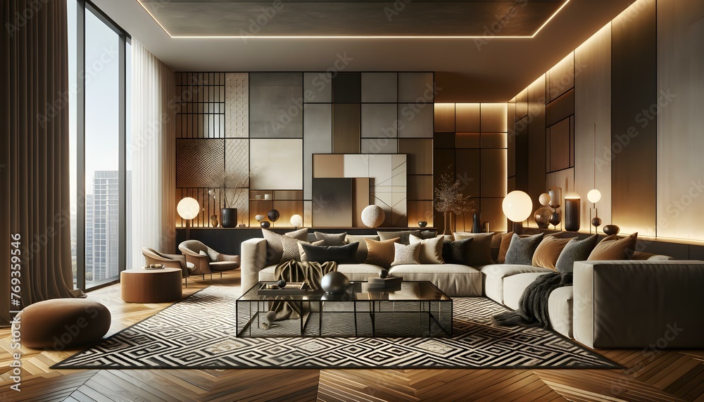 Fototapeta premium Home interior design of modern living room with cozy seating area and warm lighting.