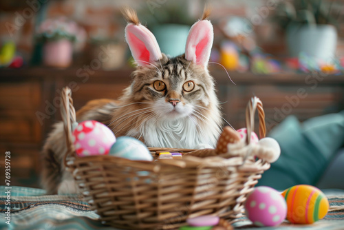 A cat wearing bunny ears is sitting in a basket full of Easter eggs. The basket is on a wooden table with a vase of flowers in the background. The cat appears to be curious and playful