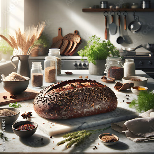 Danish Rugbrød Bread with Herbs on Marble Counter photo