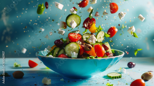 An exciting image capturing a colorful Greek salad with pieces of veggies and cheese flying through the air on a blue background photo
