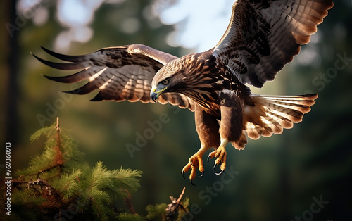 Common buzzard (Buteo buteo) flying in the autumn forest