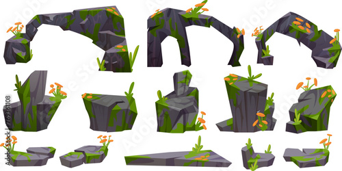 Grey big stone with moss and grass. Cartoon vector illustration set of rock boulders covered with lichen and wild flowers for jungle and forest landscape. Big gravel cliff rubble and arch block.