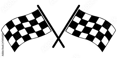 Two black and white checkered racing flags crossed. Racing, formula 1, competitions, start or finish flags.