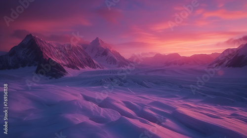 Panoramic mountain landscape bathed in the golden hues of sunrise, with snow-capped peaks piercing a vibrant sky. © Gun