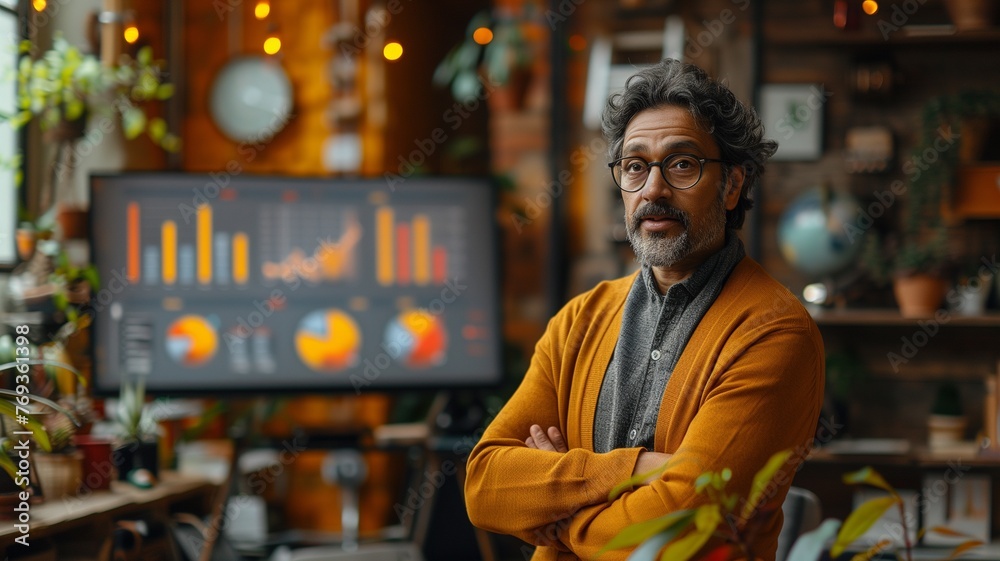 Fototapeta premium Businessman presenting data in office with data visualization with artificial intelligence neural network architecture.