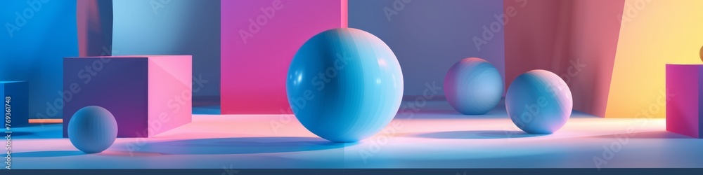 Colorful spheres and cubes levitate in a vibrant digital abstract scene, background, wallpaper, banner - obrazy, fototapety, plakaty 