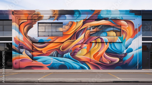 A street art mural pulsating with life and movement, featuring bold graffiti-style lettering and dynamic abstract shapes that breathe new life into the city streets. photo