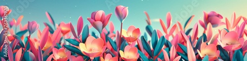 A tranquil scene of blooming tulips in radiant spring hues caressed by the golden morning sun, background, wallpaper, banner #769361970