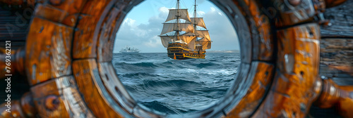 Close-up of a Boat Porthole with View of Old Gal,
View from the cave entrance a detailed caravel in the sea Waves