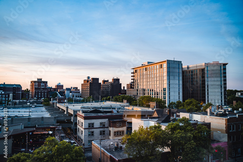 downtown city at sunset