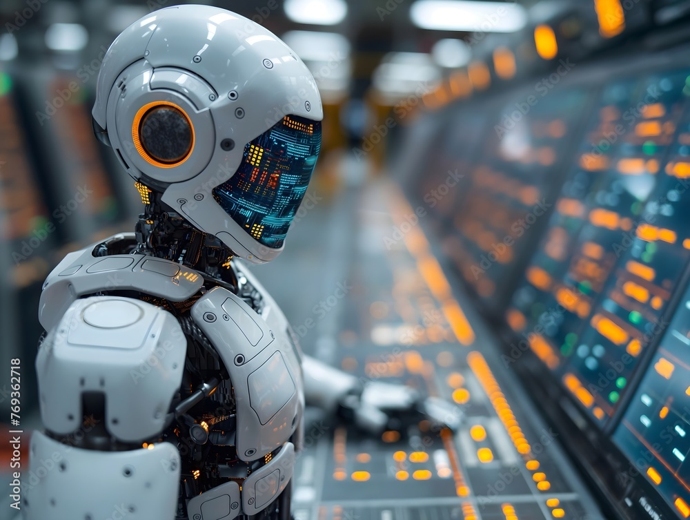 Futuristic robot with a detailed head design, standing in a high-tech control room with illuminated panels. Futuristic robot with a detailed head design, standing in a high-tech control room with illuminated panels.