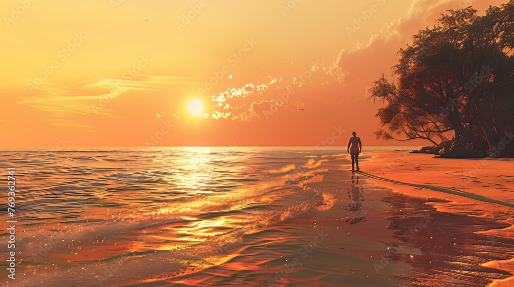 Fototapeta premium The serene scene of a rescuer disappearing into the sunset on a tranquil beach. 