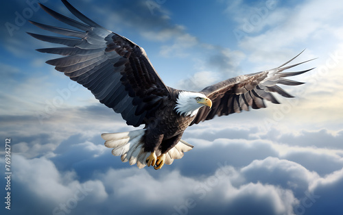 Bald Eagle flying in the sky with clouds. 3d rendering
