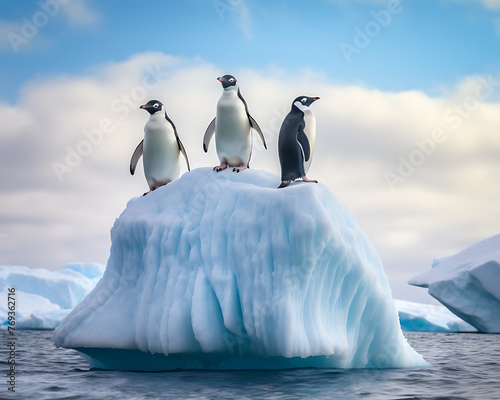 group of penguins on an iceberg  with serene Antarctic waters and ice formations in the background