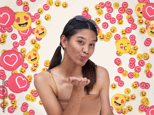 Obraz na plátně A popular Gen Z female influencer garnering love and heart eye emojis signifying overwhelming fan affection and support online or on social media platforms