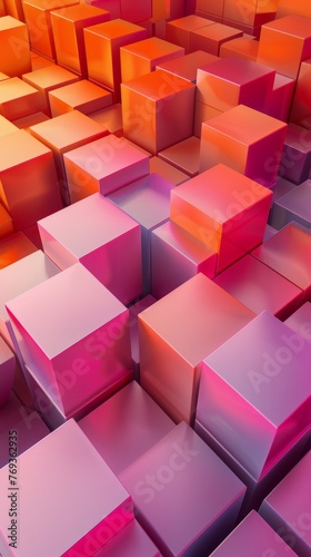 A collection of pink and orange cubes stacked together  creating a geometric pattern against a backdrop resembling a desert sunset  background  wallpaper