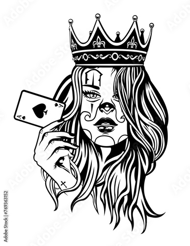 Chicano Gamble Queen | Queen Gambler | Casino Lover | Playing Card | Card of Aces | Gambling | Ace of Spade | Sexy Gambler | Original Illustration | Vector and Clipart | Cutfile and Stencil
