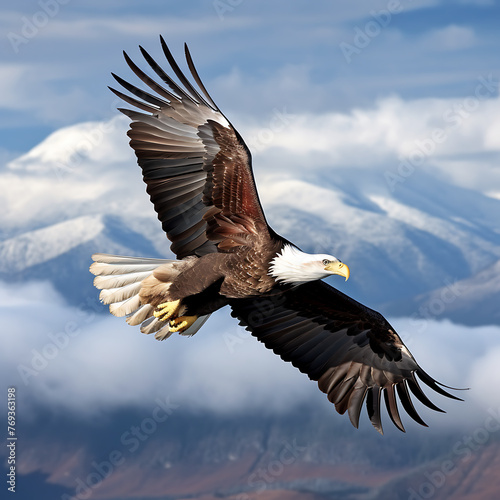 Bald Eagle flying in the sky with clouds. 3d rendering © Laik Alam