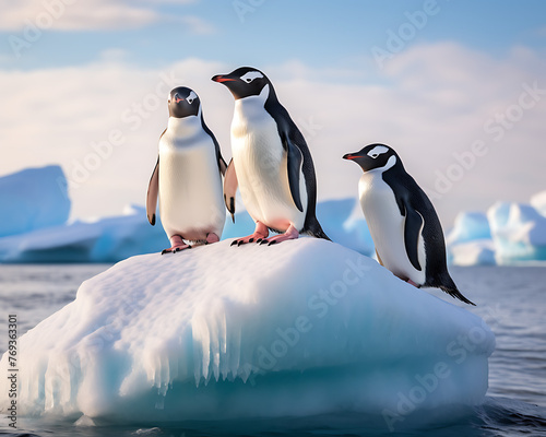 group of penguins on an iceberg  with serene Antarctic waters and ice formations in the background