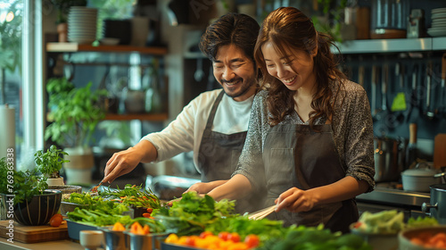 Beautiful couple cooking vegetables together in the kitchen