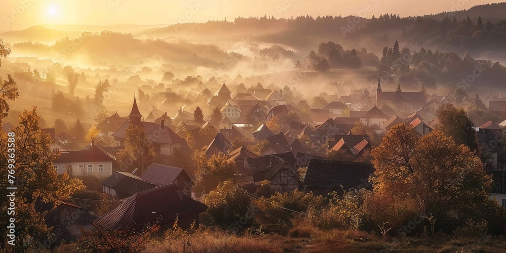 Landscape photography of a village in the germanic countryside in the middle ages, cinematic, sunrise - obrazy, fototapety, plakaty 