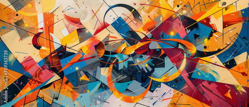 A vibrant street art masterpiece featuring graffiti-style lettering and abstract shapes, adding vitality to the cityscape.