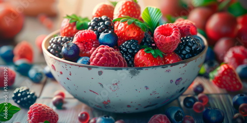 bowl of vibrant berries  showcasing the assorted colors and textures of the fresh fruit. Generative AI