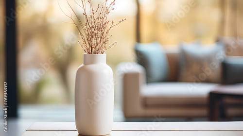 Modern luxury home white vase earthy tones with blurry background Interior design of scandinavian