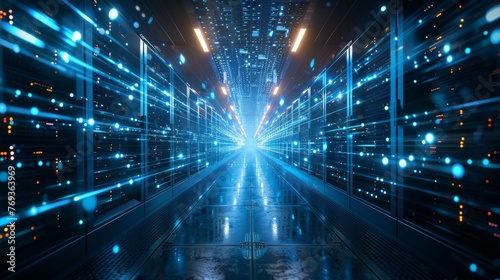 Futuristic data center with rows of server racks and pulsating lights © Georgii