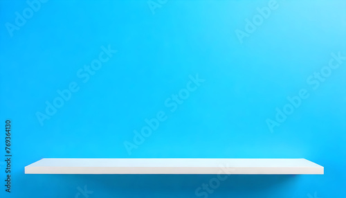 minimalistic background, white shelf against a soft blue color wall background, for prodcut presentation