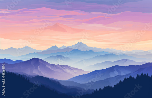 Blue mountains landscape abstract background. Morning wood panorama, pine trees and mountains silhouettes. © ribelco