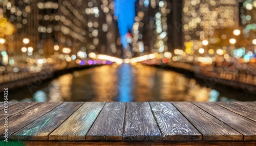 wooden bridge over the river, The empty wooden table top with blur background of NYC street. Exuberant image