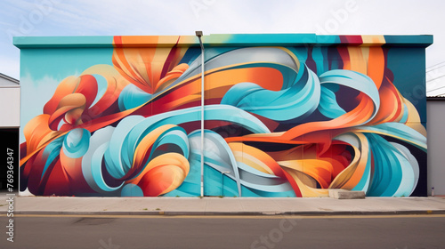 A vibrant street art mural adorned with bold graffiti-style lettering, pulsating with dynamic abstract shapes that electrify the urban landscape. photo