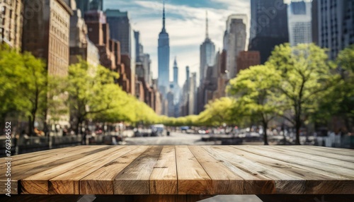 wooden bridge over the river, The empty wooden table top with blur background of NYC street. Exuberant image