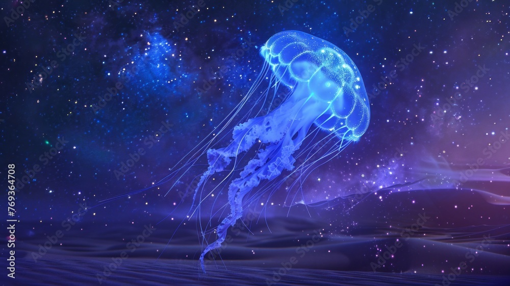 Swimming in the starry sky. A jellyfish glowing like a starry sky, The Milky Way