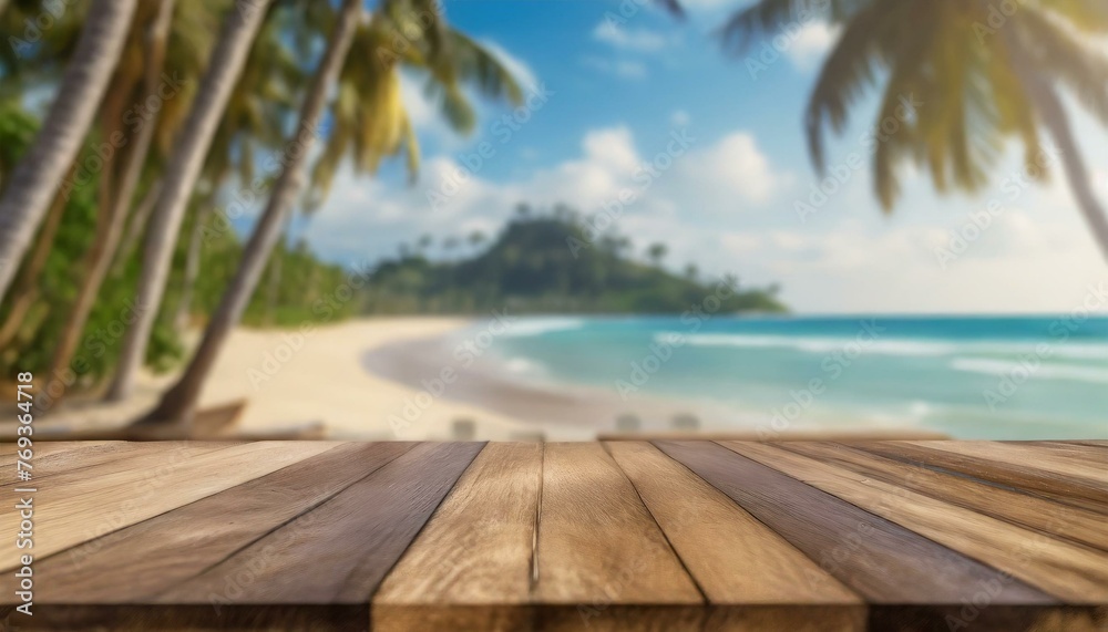 Fototapeta premium beach with chairs tranquil wooden table with a blurred tropical beach vista in the background, wallpaper