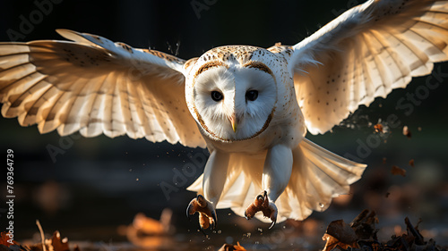 Beautiful Barn Owl (Tyto alba) flying in the forest photo