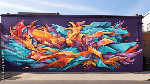 An energetic explosion of colors and lines on a city wall, where graffiti-style lettering intertwines with abstract shapes, injecting life into the urban scenery. photo