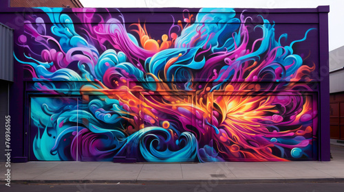 An energetic explosion of colors and lines on a city wall, where graffiti-style lettering intertwines with abstract shapes, injecting life into the urban scenery. photo