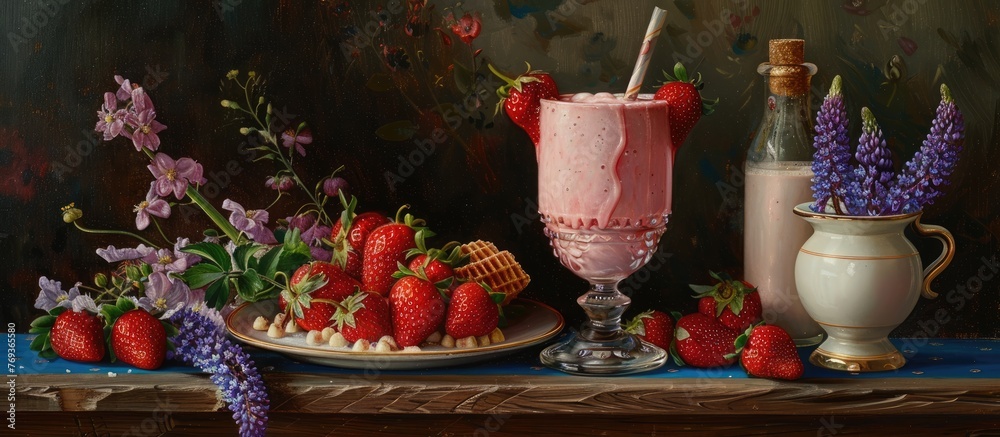 Still life - milkshake with strawberries and lupins in a kitchen setting.