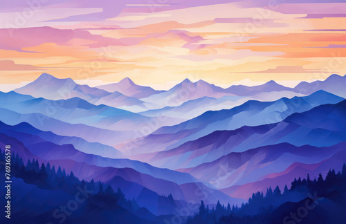 Blue mountains landscape abstract background. Morning wood panorama  pine trees and mountains silhouettes.