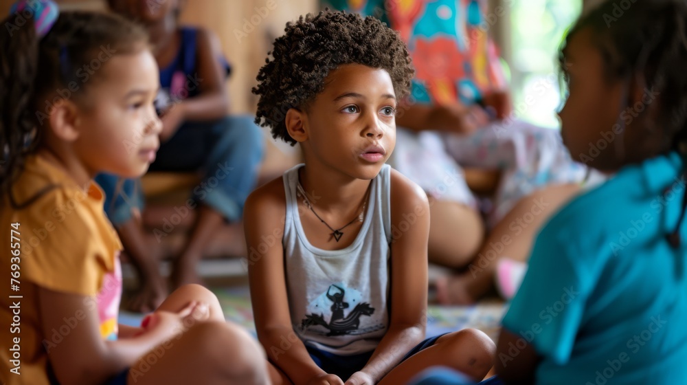Heartwarming photo of children learning about Juneteenth through storytelling, focused attention and curiosity, intimate indoor setting, soft lighting