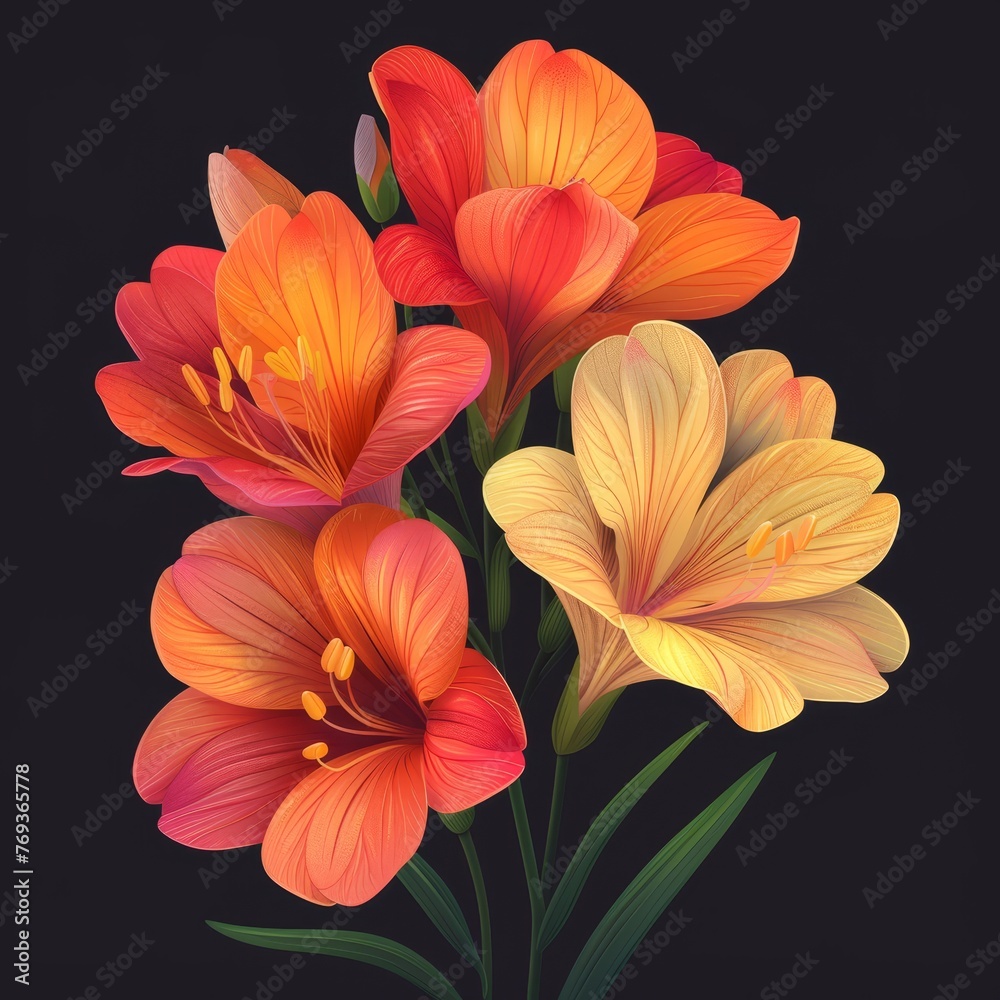 Flat Design, Beautiful Freesia Flower Illustration, Vector Style.