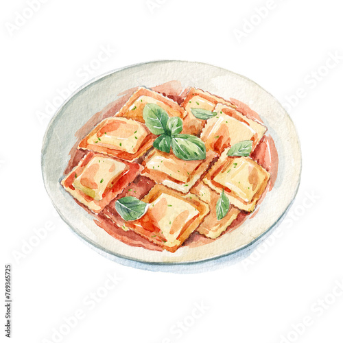 Watercolor hand drawn illustration of a plate of ravioli. Italian Cuisine. Tasty food.