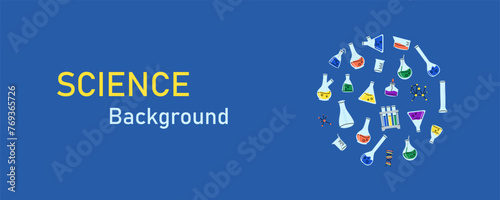 Laboratory banner, science background. Lab glassware. Chemical reagents in glass bottles and rest tubes and flasks. Medical scientific research tools. Doodle vector cartoon flat isolated illustration