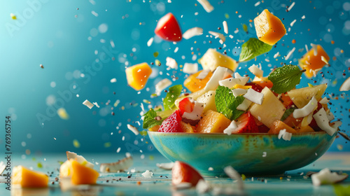 Vibrant fruit salad with mangoes, strawberries, and coconut sprinkles captured in dynamic mid-air suspension