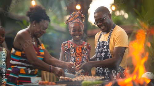 Photo of an african family gathered around a barbecue grill, cooking traditional foods to celebrate Juneteenth, candid laughter and joy, outdoor setting with soft focus on the background