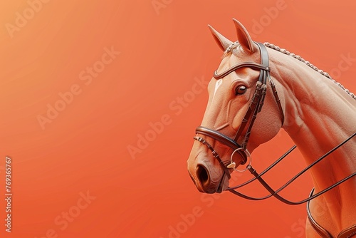 A horse with a bridle on its head is shown on a red background