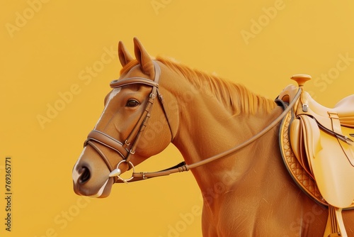 A brown horse with a bridle on its head is standing on a yellow background photo